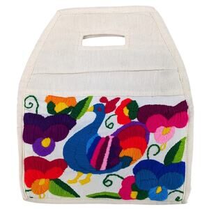 Vintage MEXICAN OTOMI EMBROIDERED PURSE Bright Bird & Floral Design Tote ~ NWOT